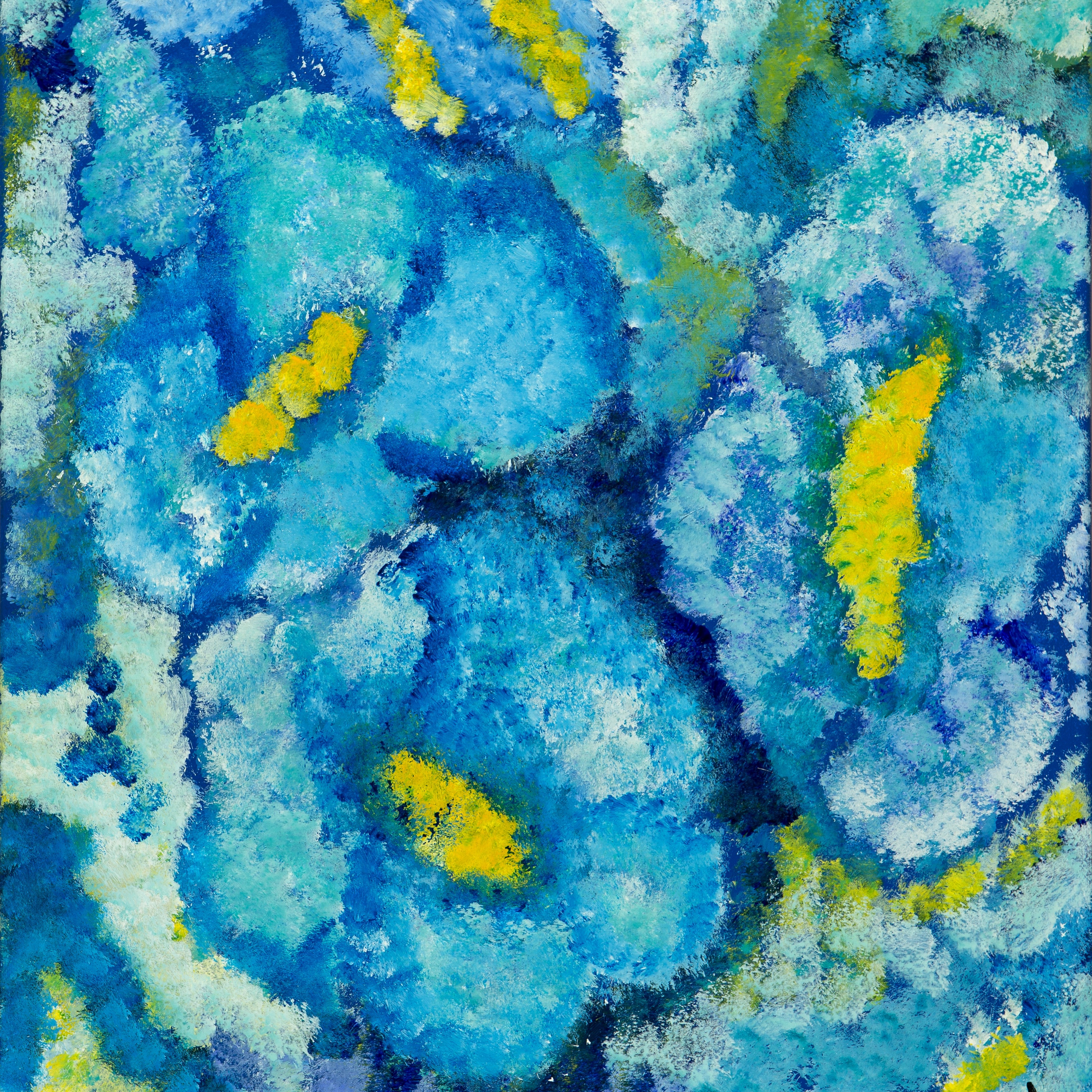 An abstract geometric painting shows a large textured gray-blue oval surrounded by angular blue, teal, yellow and purple shapes.