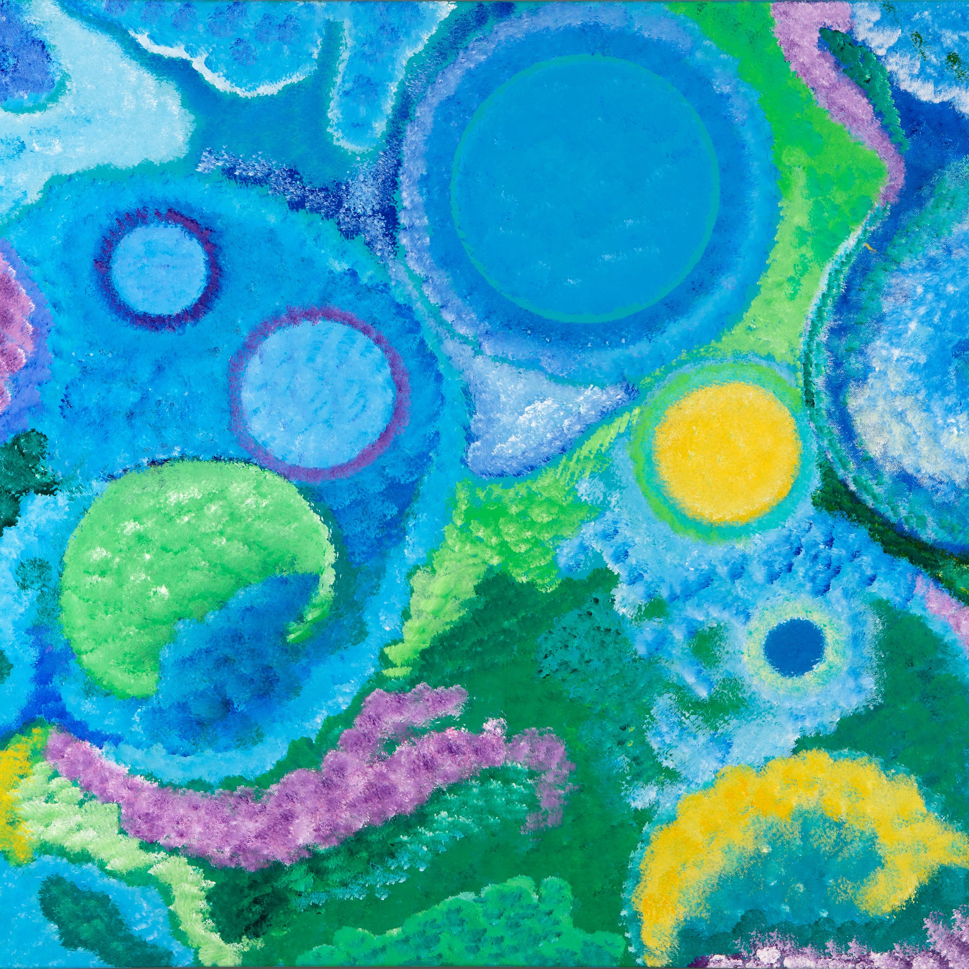 A bright abstract painting features overlapping blue, green, yellow and purple rounded forms.