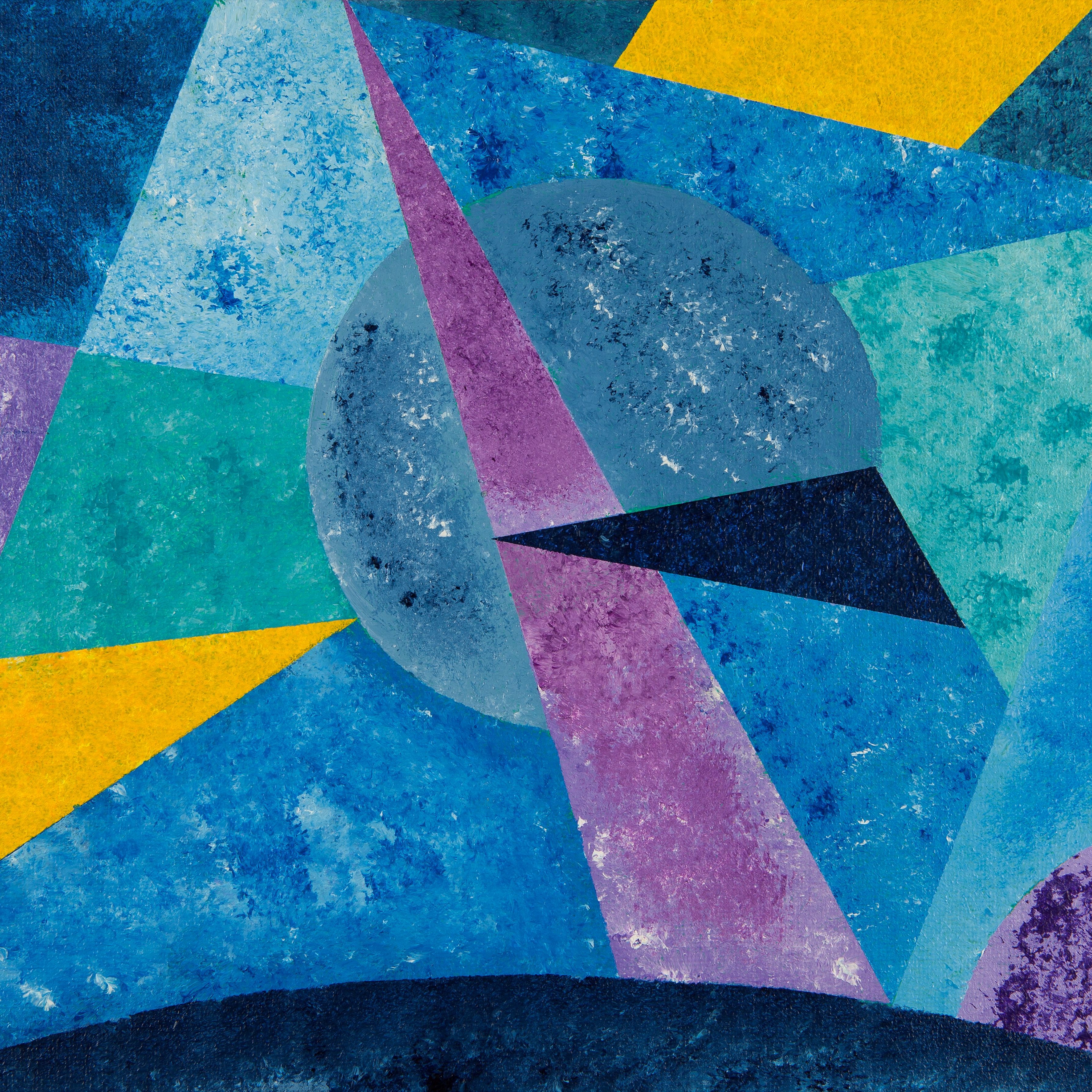 An abstract composition contains translucent blue and purple fields crossed by multicolored lines and circles.