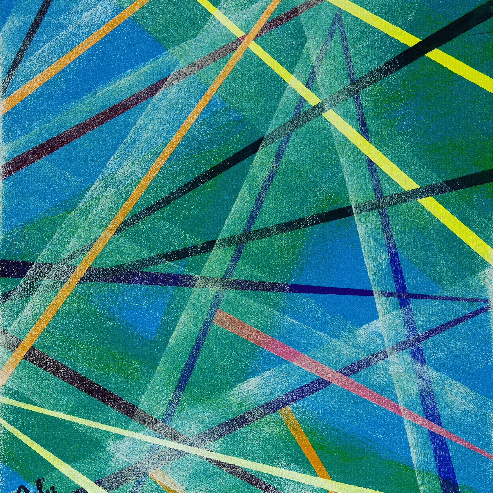 A black-and-white abstract painting shows intersecting geometric shapes and textured color fields.