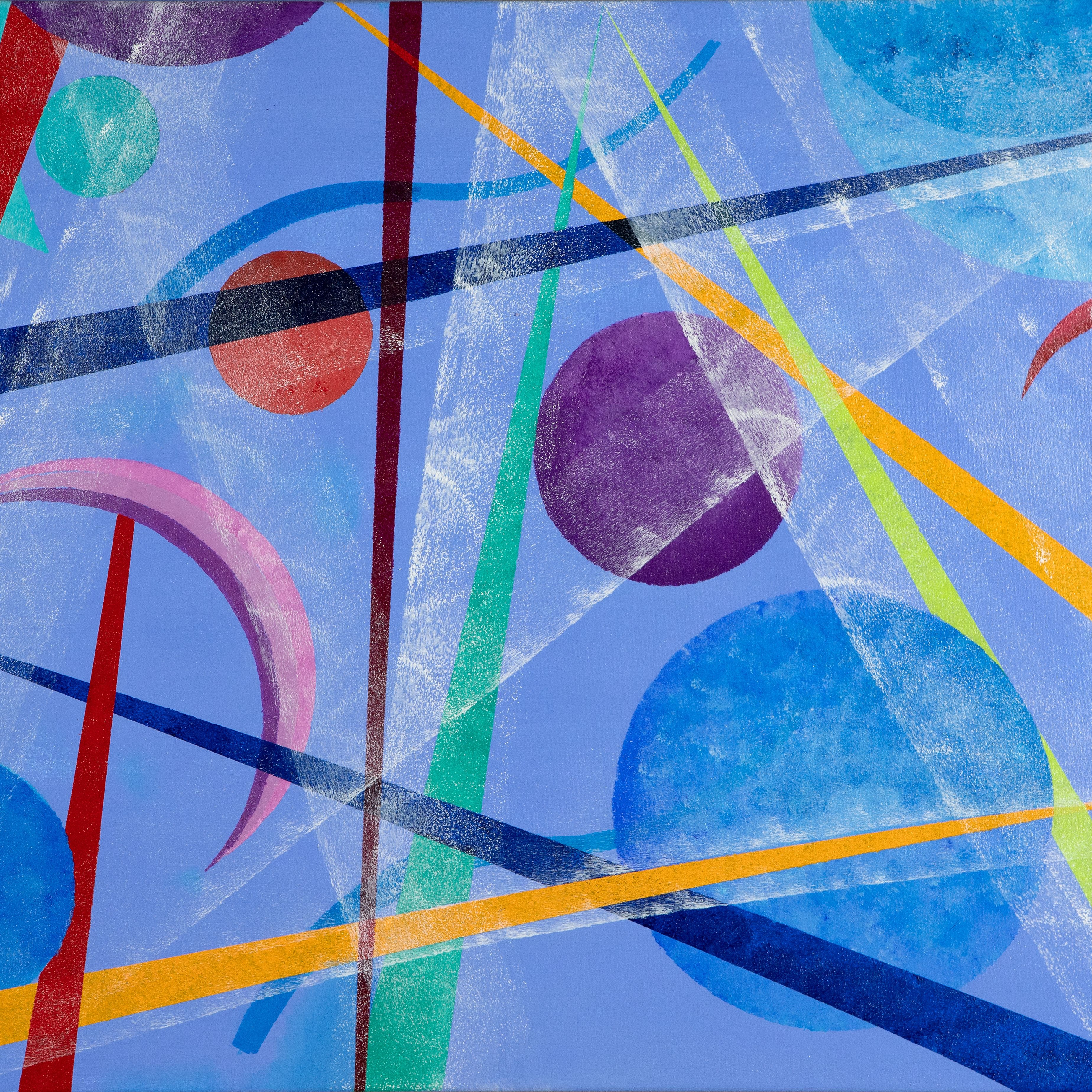 An abstract painting uses layered blue and green fields crossed by diagonal yellow, orange, black, red and pale lines.