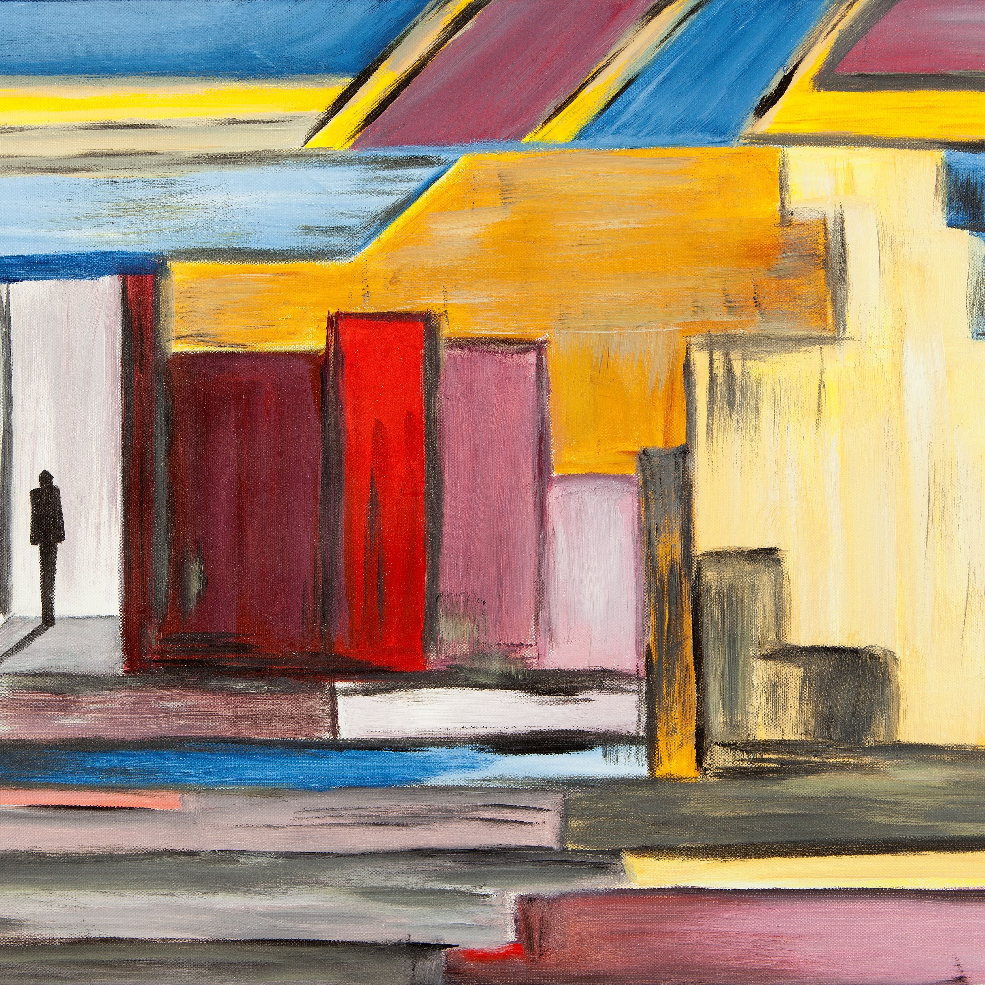 A colorful abstract painting with geometric architectural forms, shown in a tightly framed view under bright lighting.
