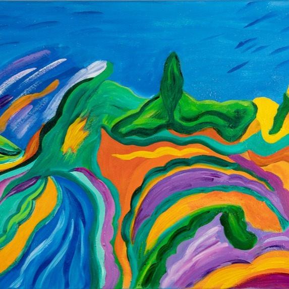 A colorful abstract painting fills the frame with sweeping green, blue, orange, purple and yellow forms.